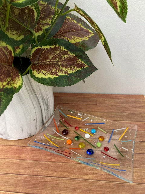 Glass Trinket/Soap Dish - Clear with Multicoloured Bobbles and Stringers