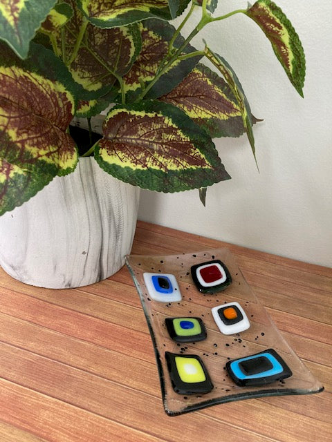 Glass Trinket/Soap Dish - Clear with Multicoloured Glass Squares
