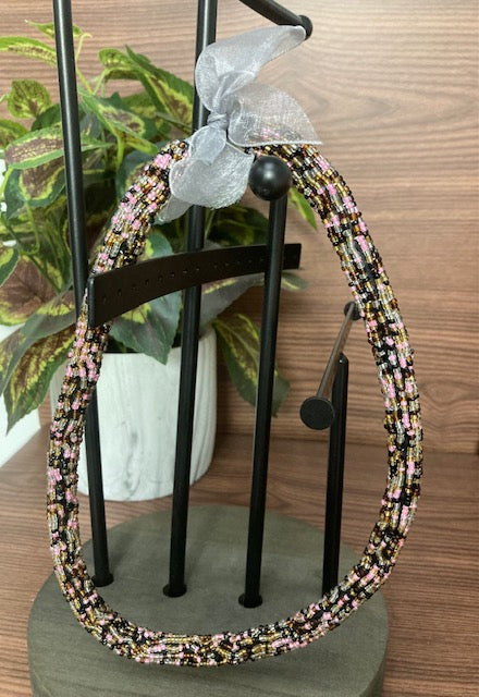 Beaded Necklace - Multicoloured with Ribbon Tie Clasp