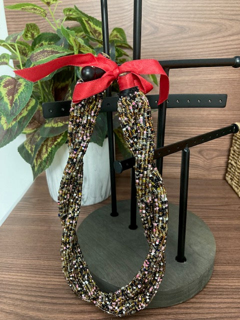 Beaded Necklace - Twisted Double Strand Multicoloured with Ribbon Tie Clasp