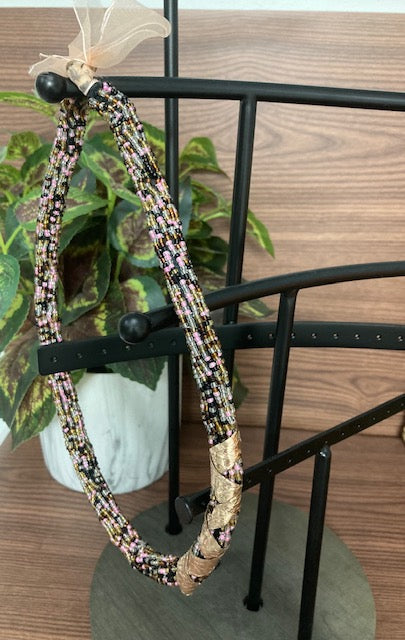 Beaded Necklace - Multicoloured, Gold Foil Accent with Ribbon Tie Clasp