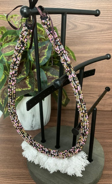 Beaded Necklace - Multicoloured, White Fringe Accent with Ribbon Tie Clasp