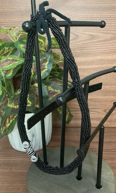 Beaded Necklace - Black, Silver Wire Accent with Ribbon Tie Clasp