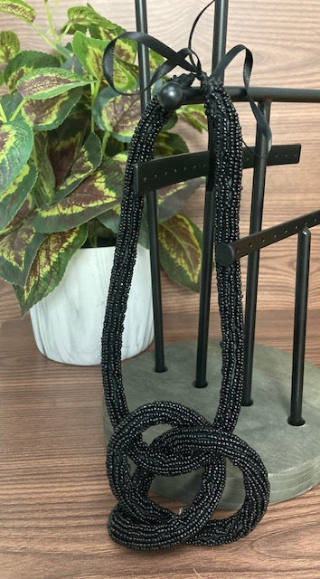 Beaded Necklace - Black, Knotted Accent with Ribbon Tie Clasp