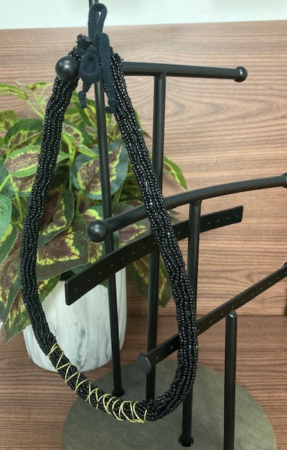 Beaded Necklace - Black, Gold Wire Accent with Ribbon Tie Clasp
