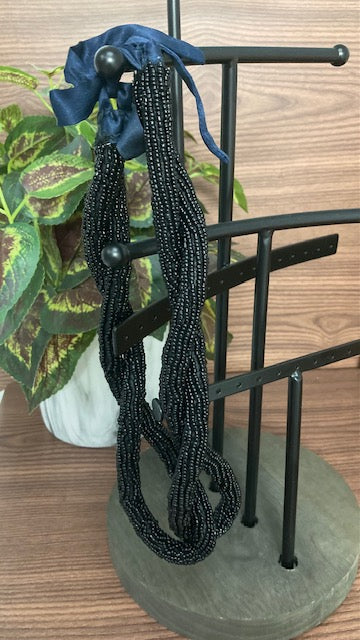 Beaded Necklace - Twisted Double Strand Black with Ribbon Tie Clasp