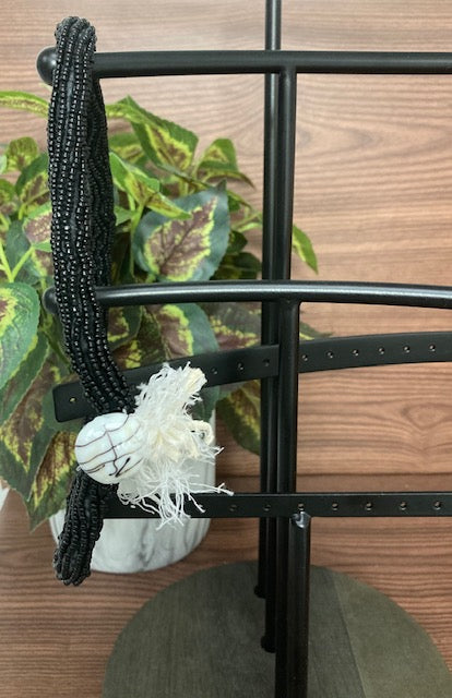 Beaded Necklace - Black with White Fringe and Button Clasp