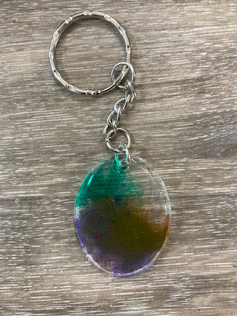 Resin Keychain - Clear Oval with Green, Yellow and Purple