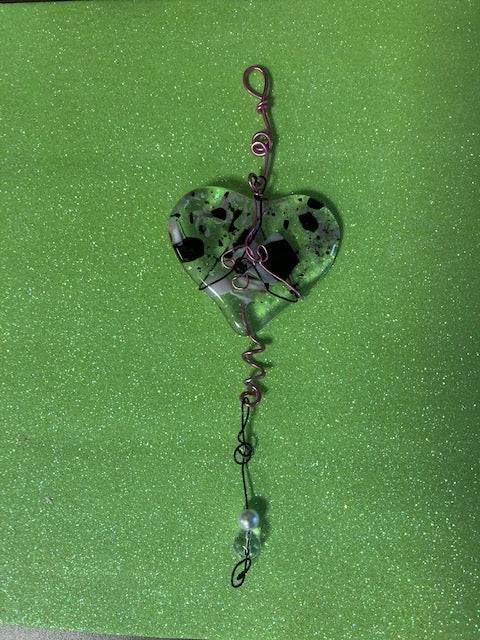 Suncatcher- Pink, Black, Clear Heart with Pink and Black Wire