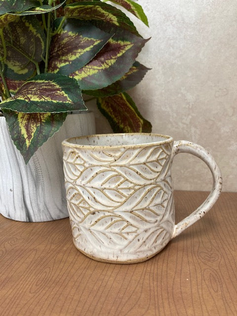 Ceramic - Large Mug, Speckled and White with Leaf pattern