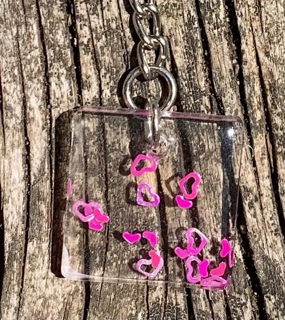 Resin Keychain - Clear square with Pink hearts