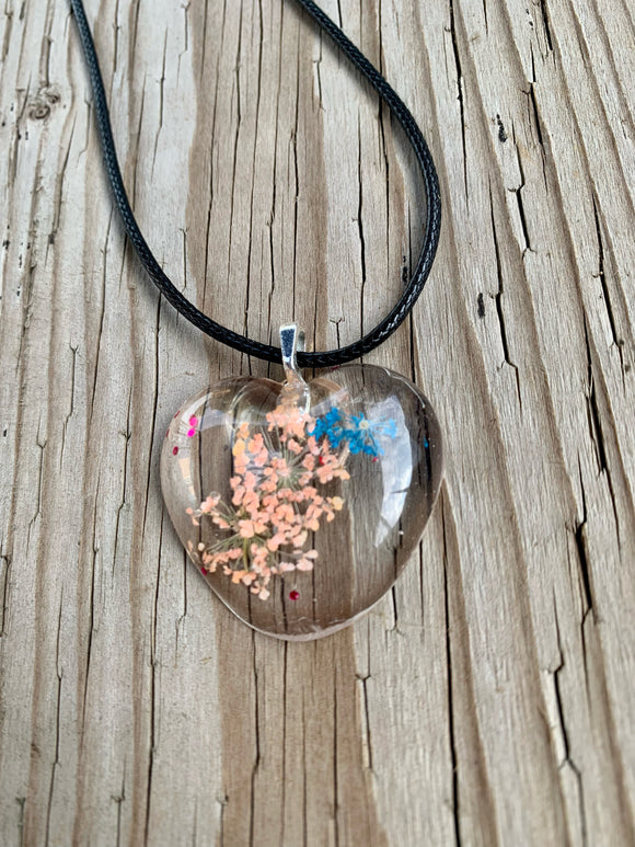 Resin Necklace - Clear Resin with Peach and Blue dried flowers