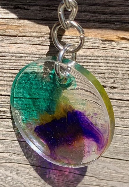 Resin Keychain - Clear circle with Green, Yellow and Purple