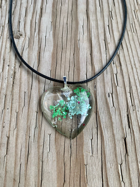 Resin Necklace - Clear Resin with Green dried flowers
