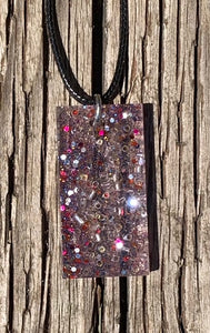 Resin Necklace - Clear rectangle with Silver and Pink Glitter