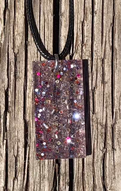 Resin Necklace - Clear rectangle with Silver and Pink Glitter